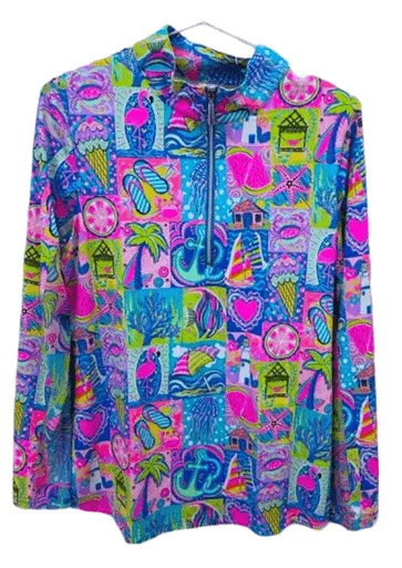Beachtime Tropical Neon Print Zip Front Pull Over Long Sleeve Top