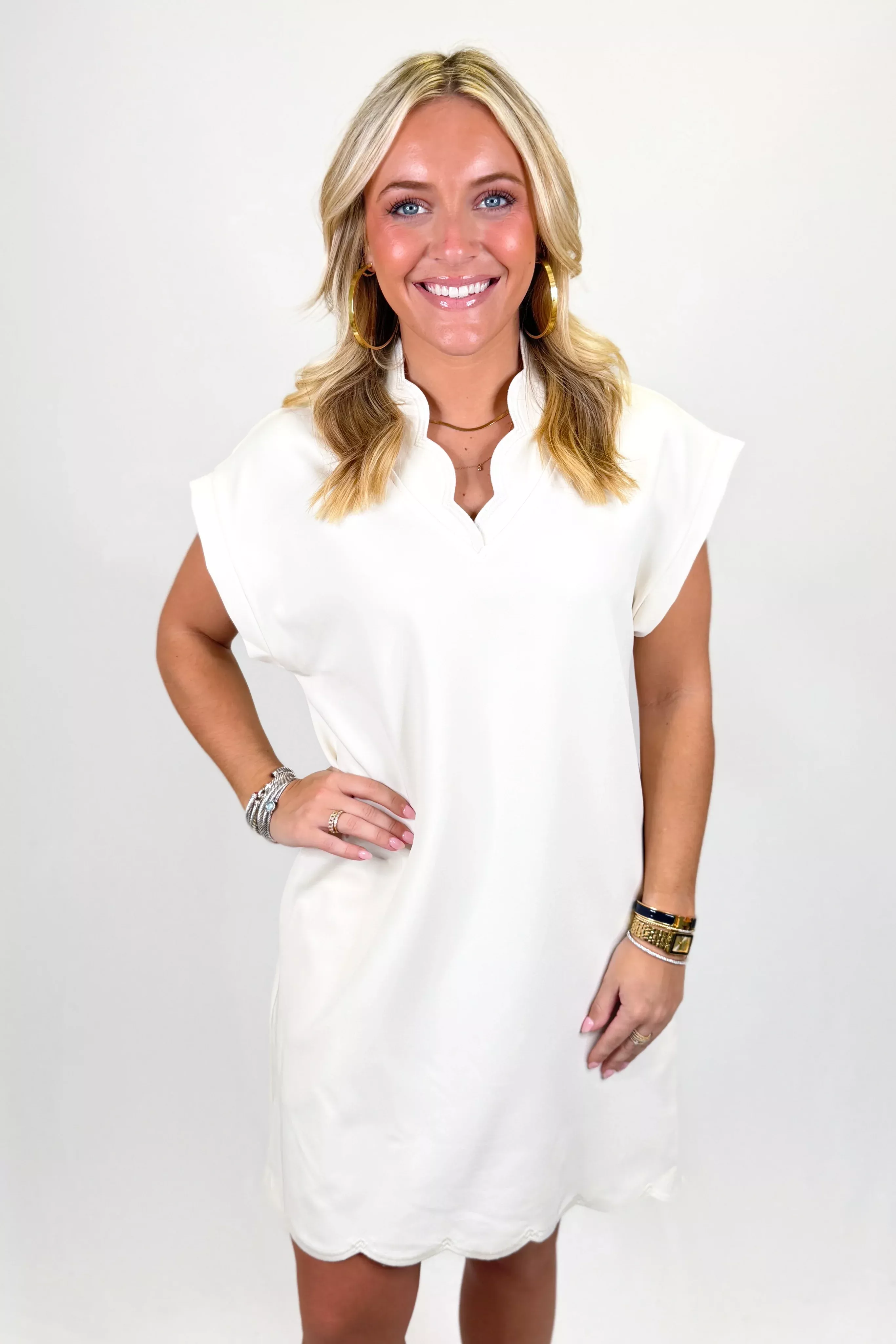 BEIGE SCALLOP VNECK SHIFT DRESS