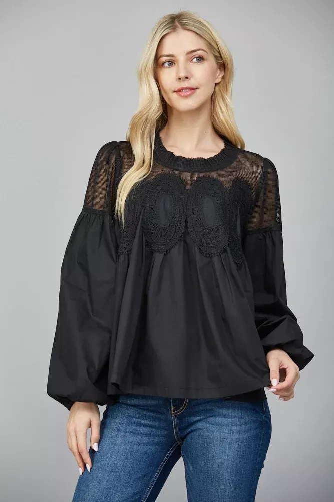 BLACK MESH APPLIQUE LONG SLEEVE TOP