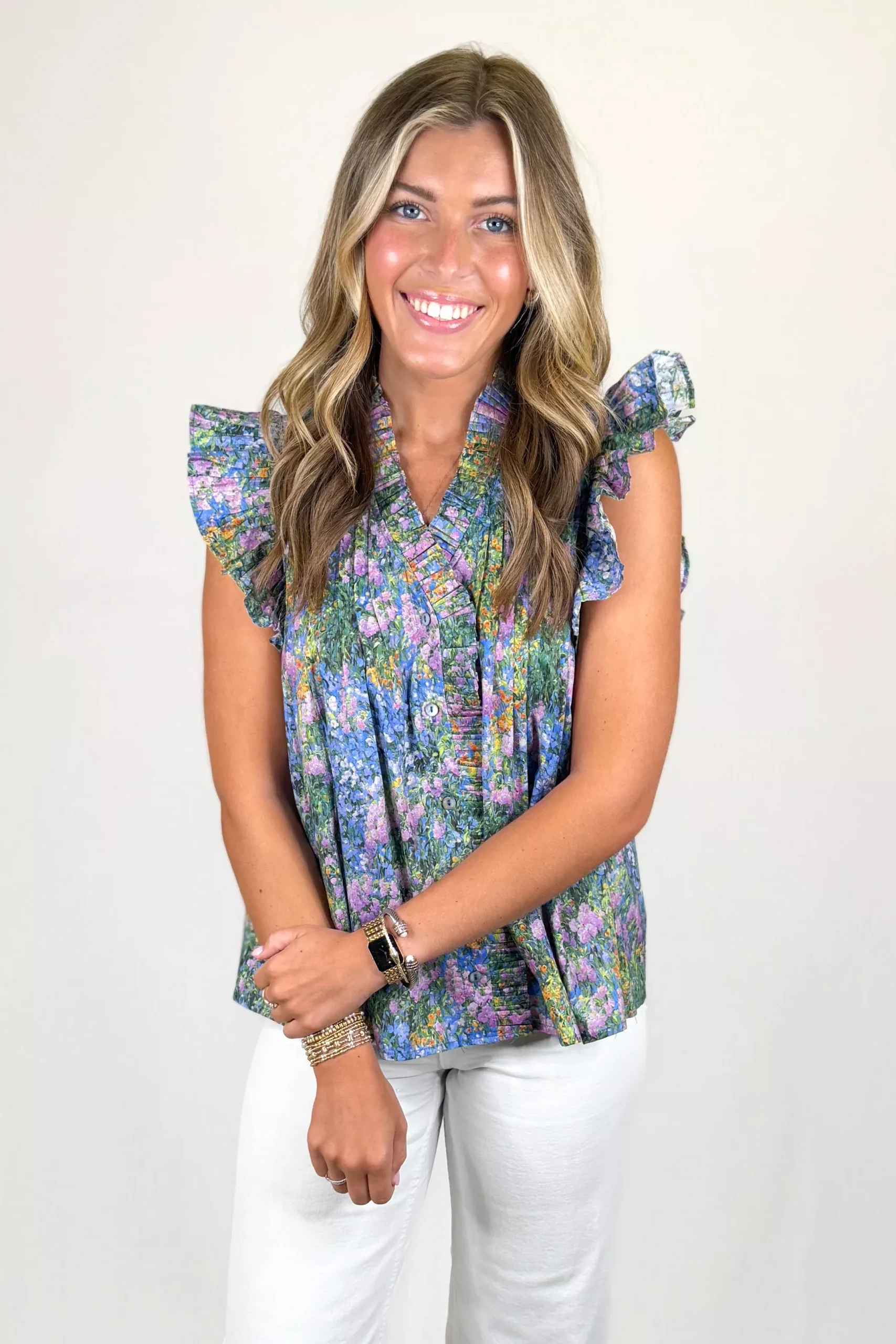 BLUE, LAVENDER & GREEN FLORAL FLUTTER SLEEVE TOP