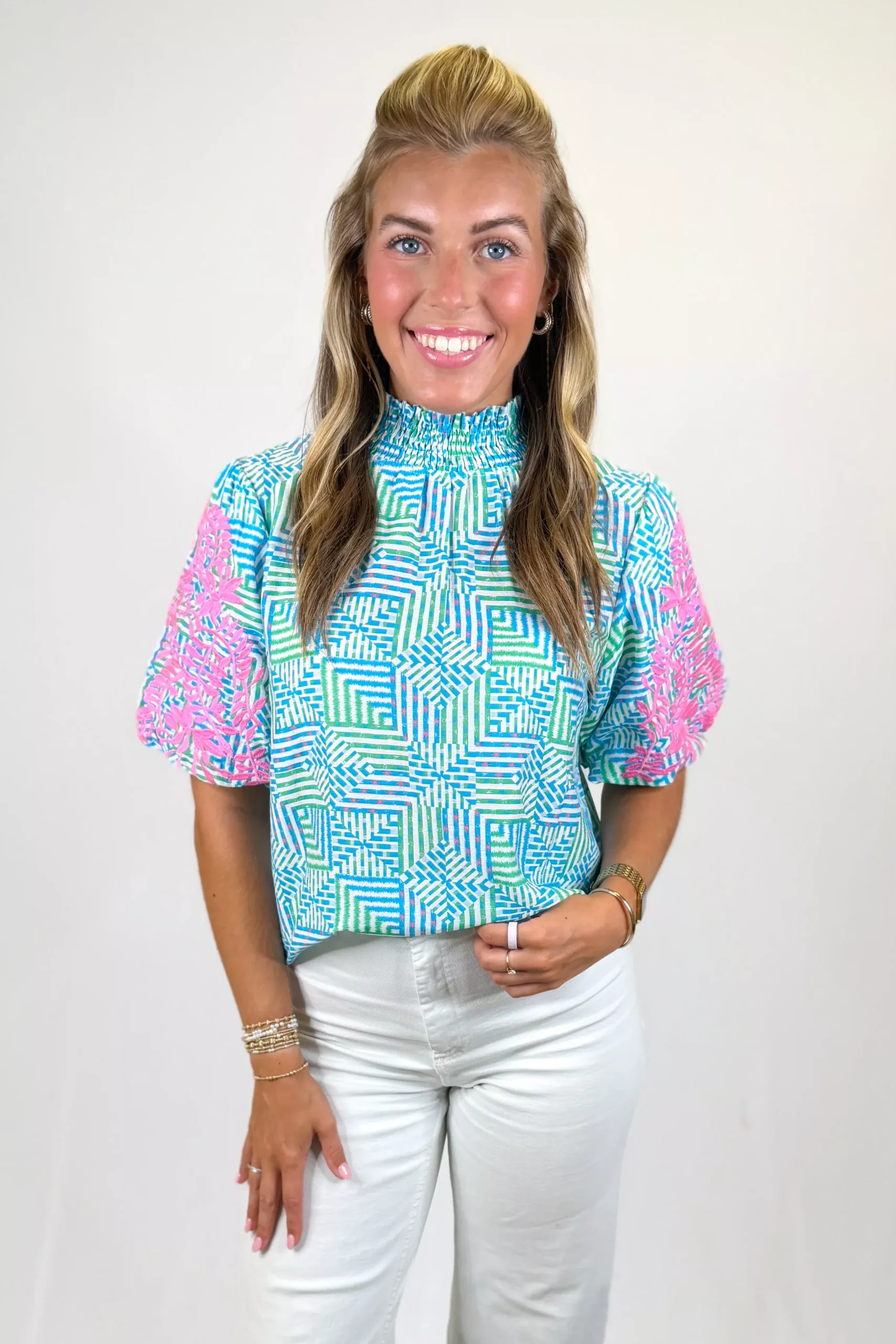 BLUE & PINK EMBROIDERED PUFF SLEEVE TOP