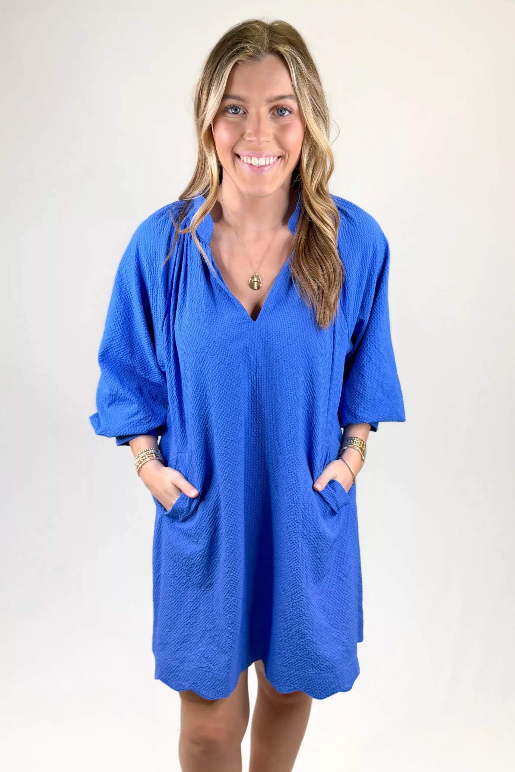 BLUE TEXTURED BALLOON SLEEVE DRESS