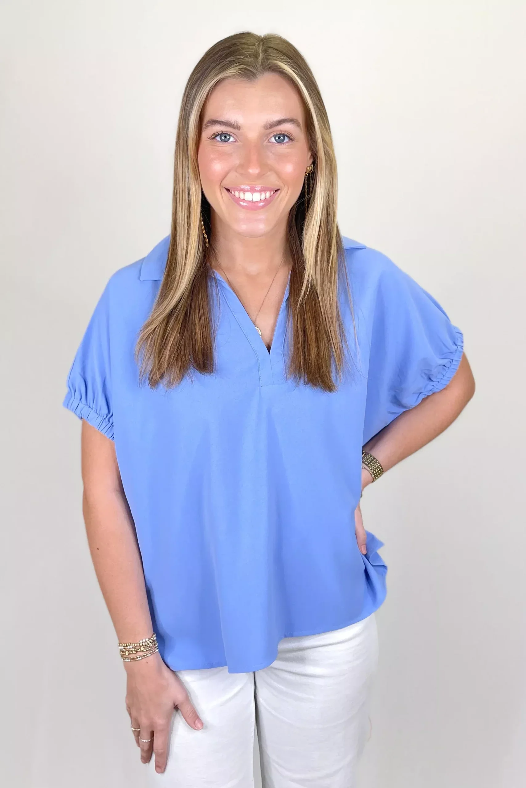 BLUE VNECK COLLAR RELAXED TOP