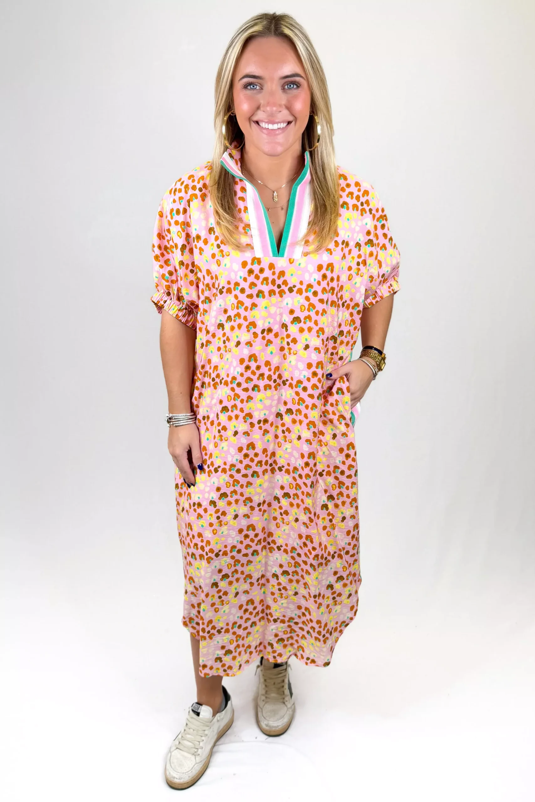 BLUSH ABSTRACT CHEETAH ELASTIC CUFF MIDI DRESS