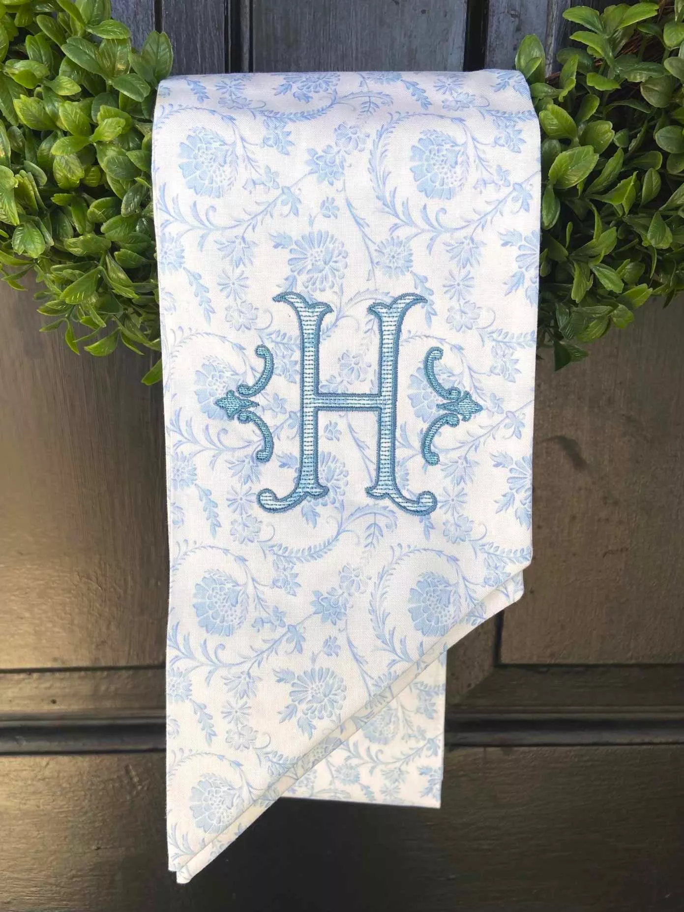 CUSTOM MONOGRAM FLORALS & CHINOISERIE WREATH SASH