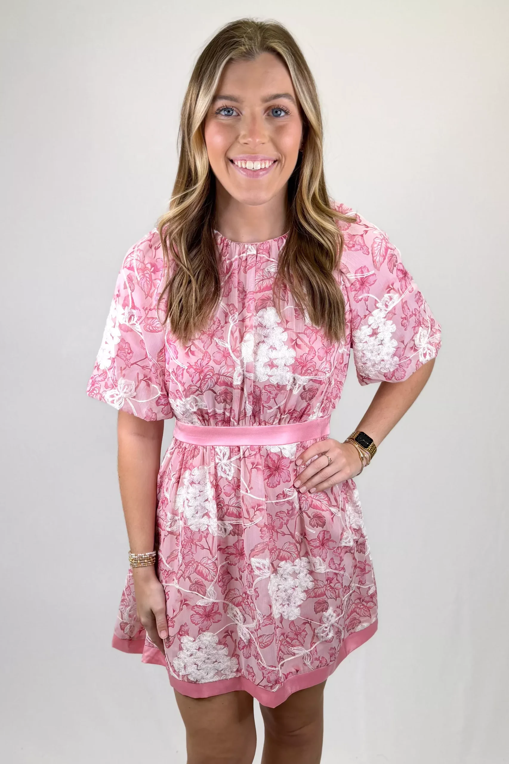 DARK PINK FLORAL BUBBLE SLEEVE DRESS