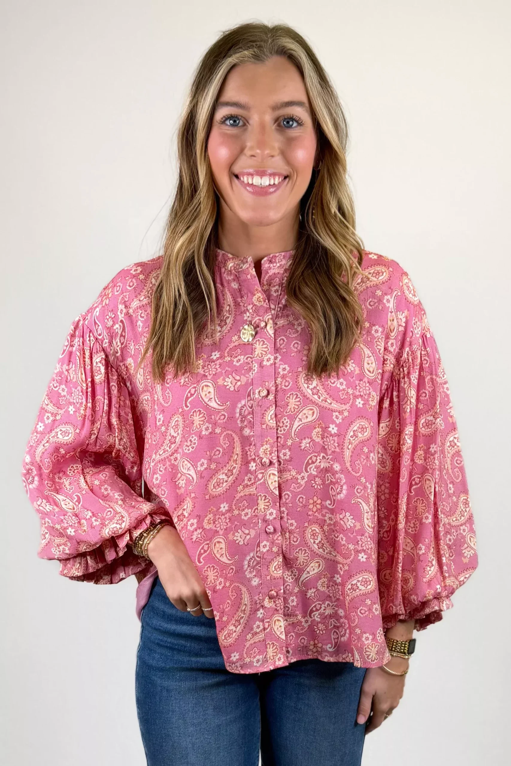 DARK PINK PAISLEY BUBBLE SLEEVE TOP