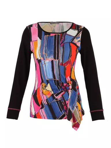 Dolcezza Basti Multi-Color One Side Draped Black Long Sleeves Simple Art Top