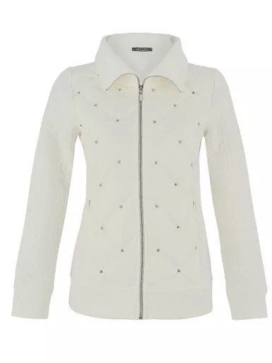 Dolcezza White Knit Panel Jacket With Stud Quilt Front