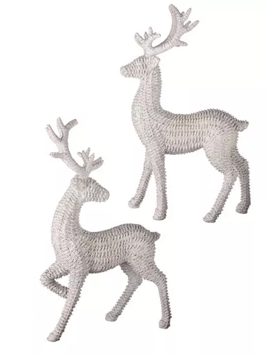 Frosted White Resin Wicker Reindeer Pair Figurines