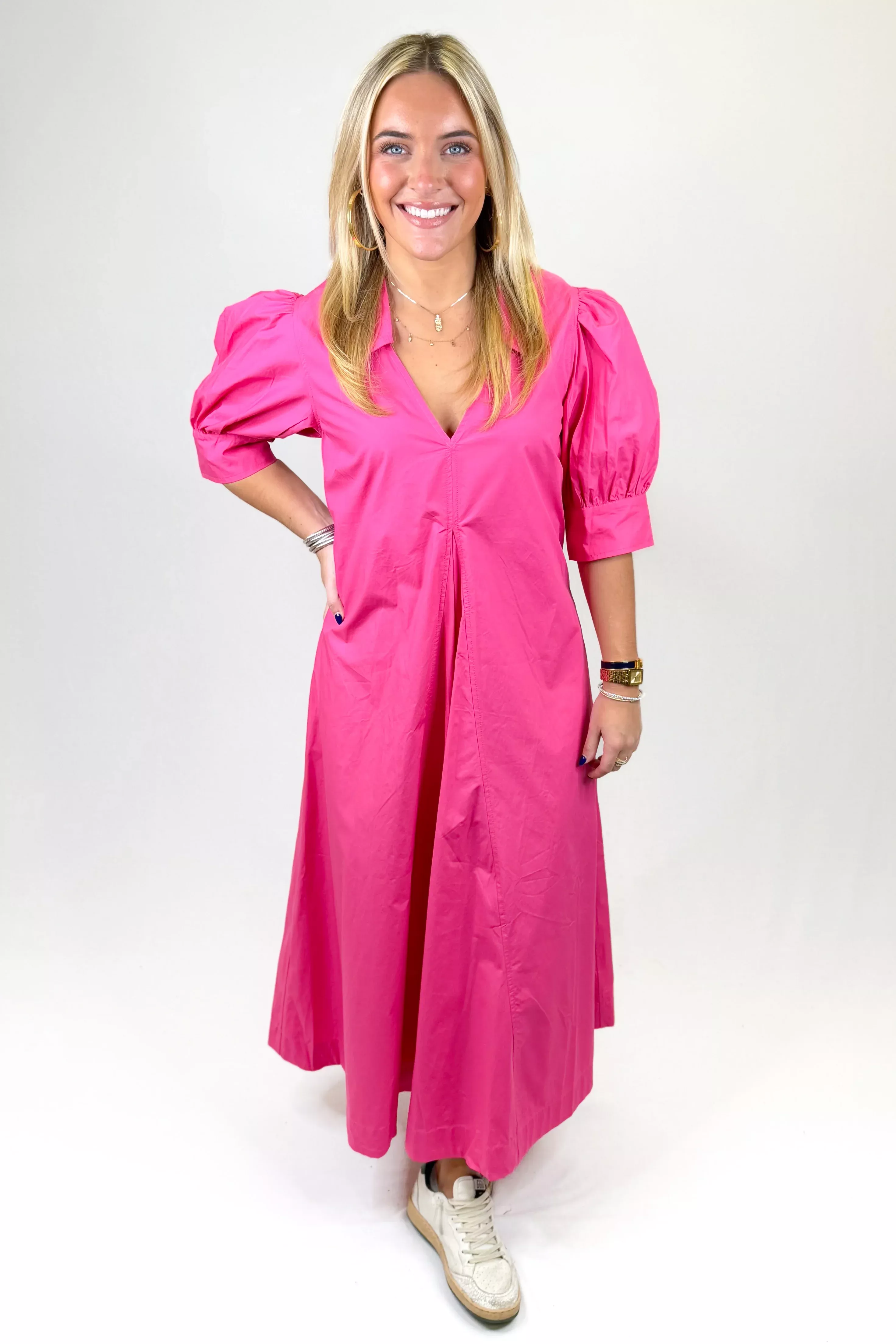 FUCHSIA VNECK COLLAR MIDI DRESS