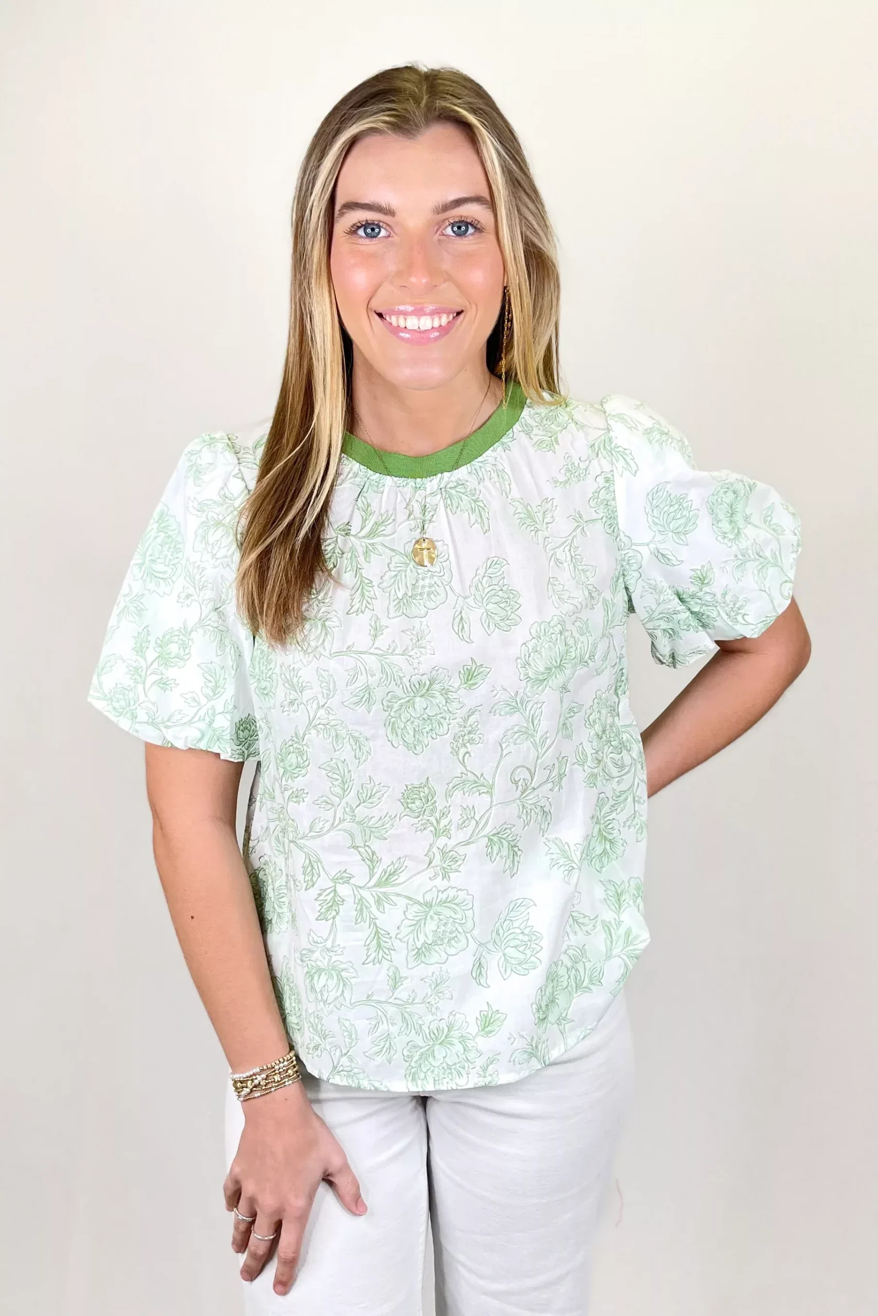 GREEN FLORAL CREW NECK PUFF SLEEVE TOP