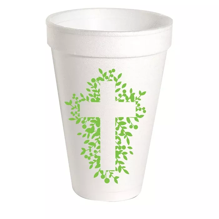 GREEN FOLIAGE AROUND CROSS STYROFOAM CUP SLEEVE