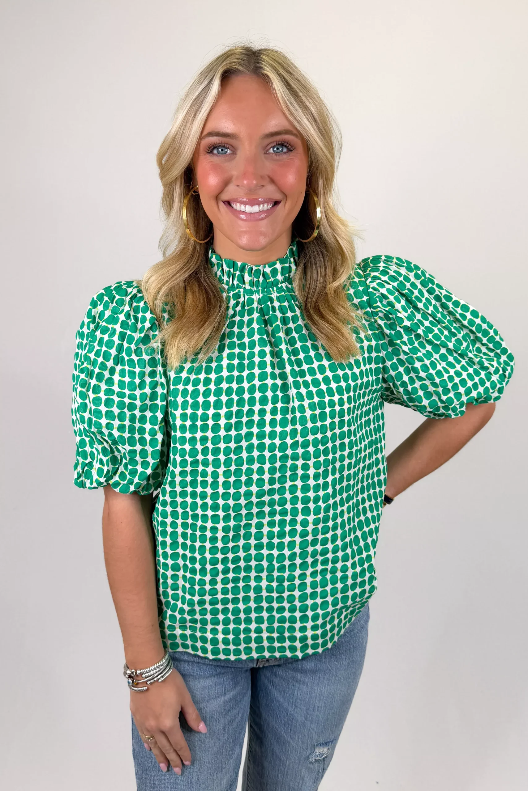 GREEN POLKA DOT PUFF SLEEVE TOP