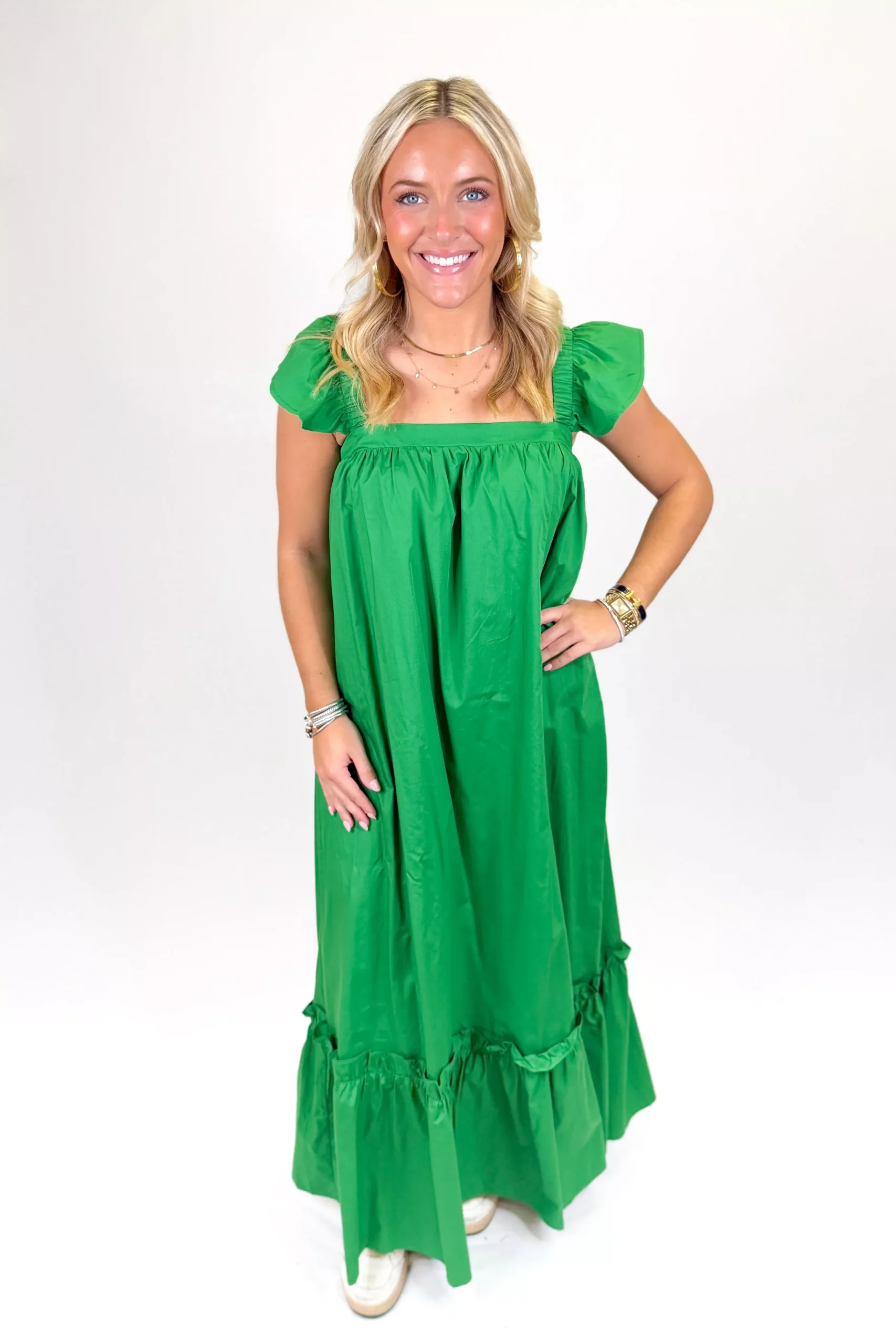 GREEN SQUARE NECK RUFFLE SLEEVE MIDI DRESS