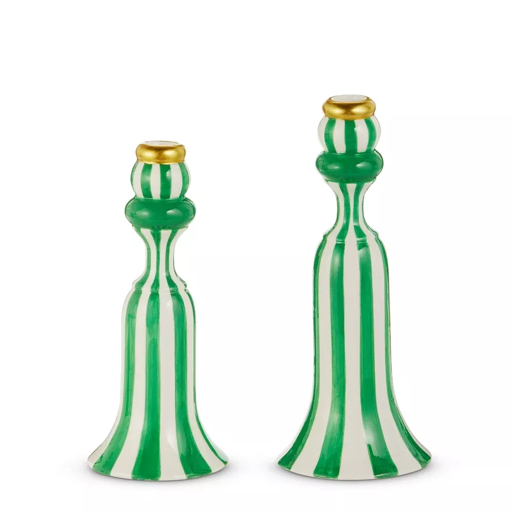 GREEN STRIPE CANDLESTICK SET