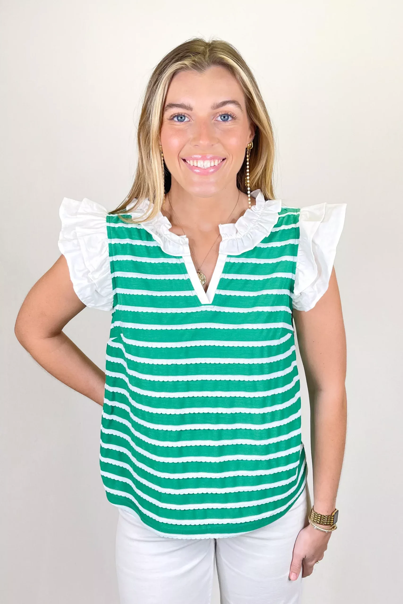GREEN STRIPE RUFFLE TRIM VNECK TOP