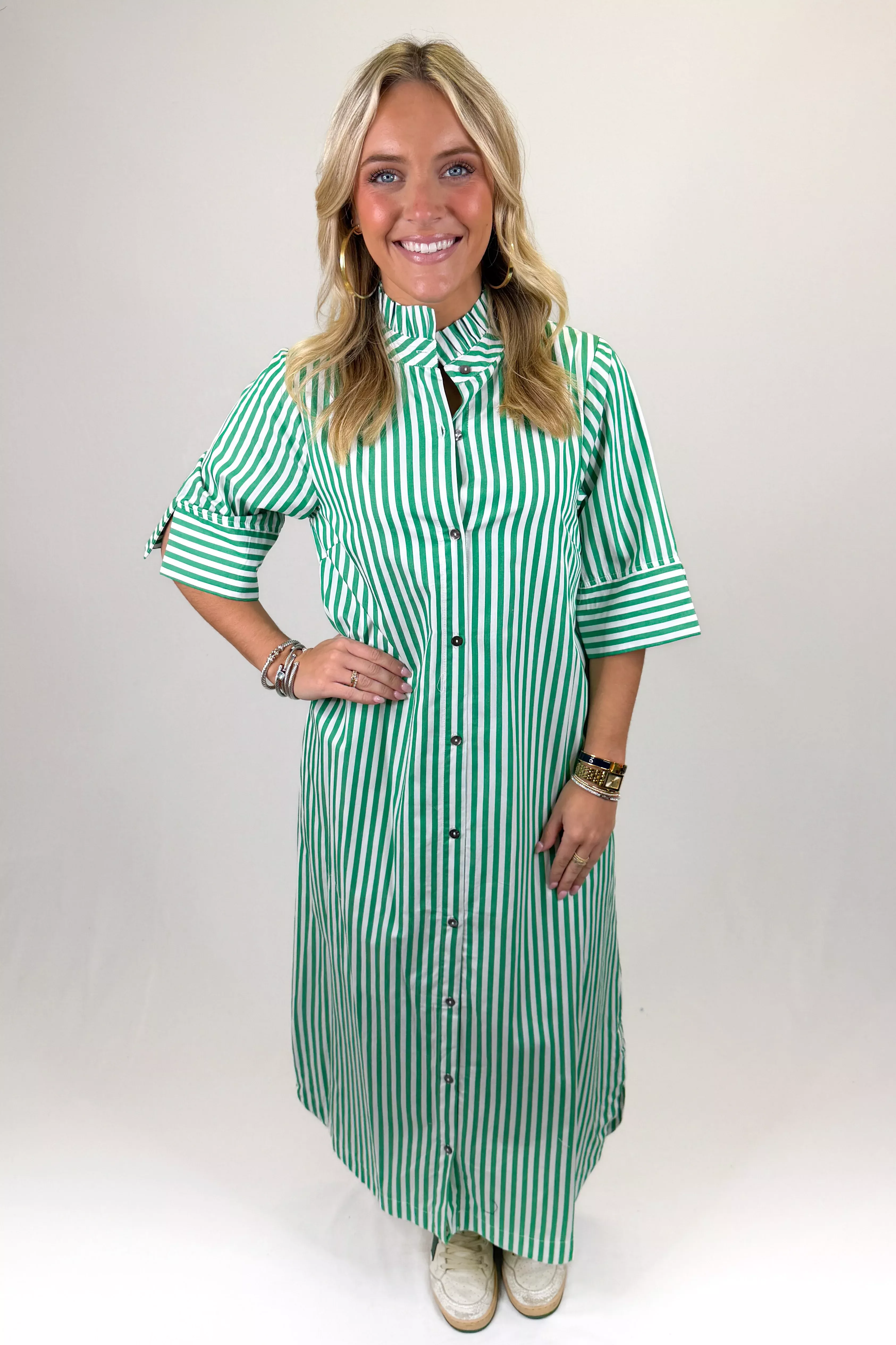 GREEN STRIPED CUFF SLEEVE BUTTON FRONT MIDI DRESS