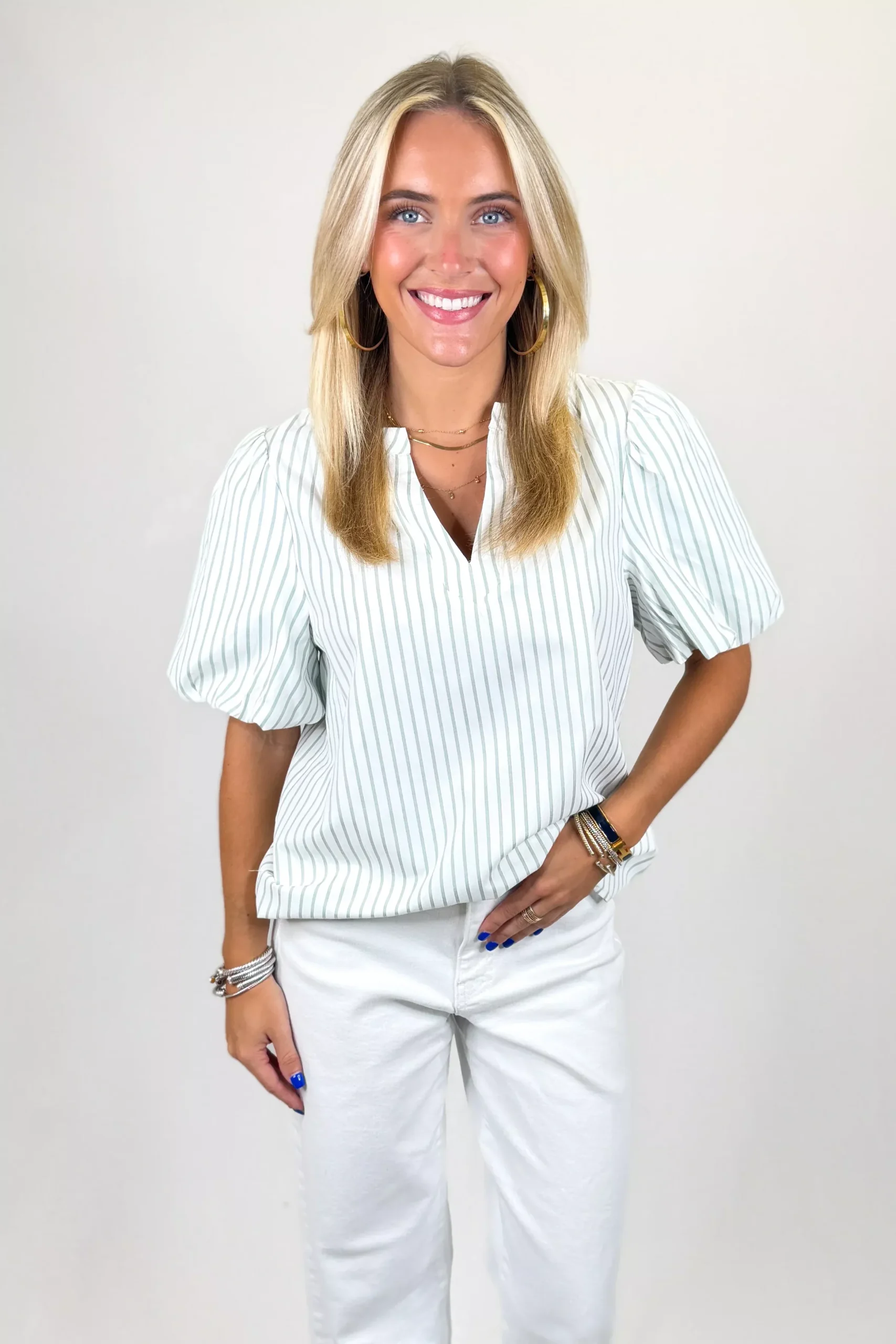 GREEN VNECK STRIPE PUFF SLEEVE TOP
