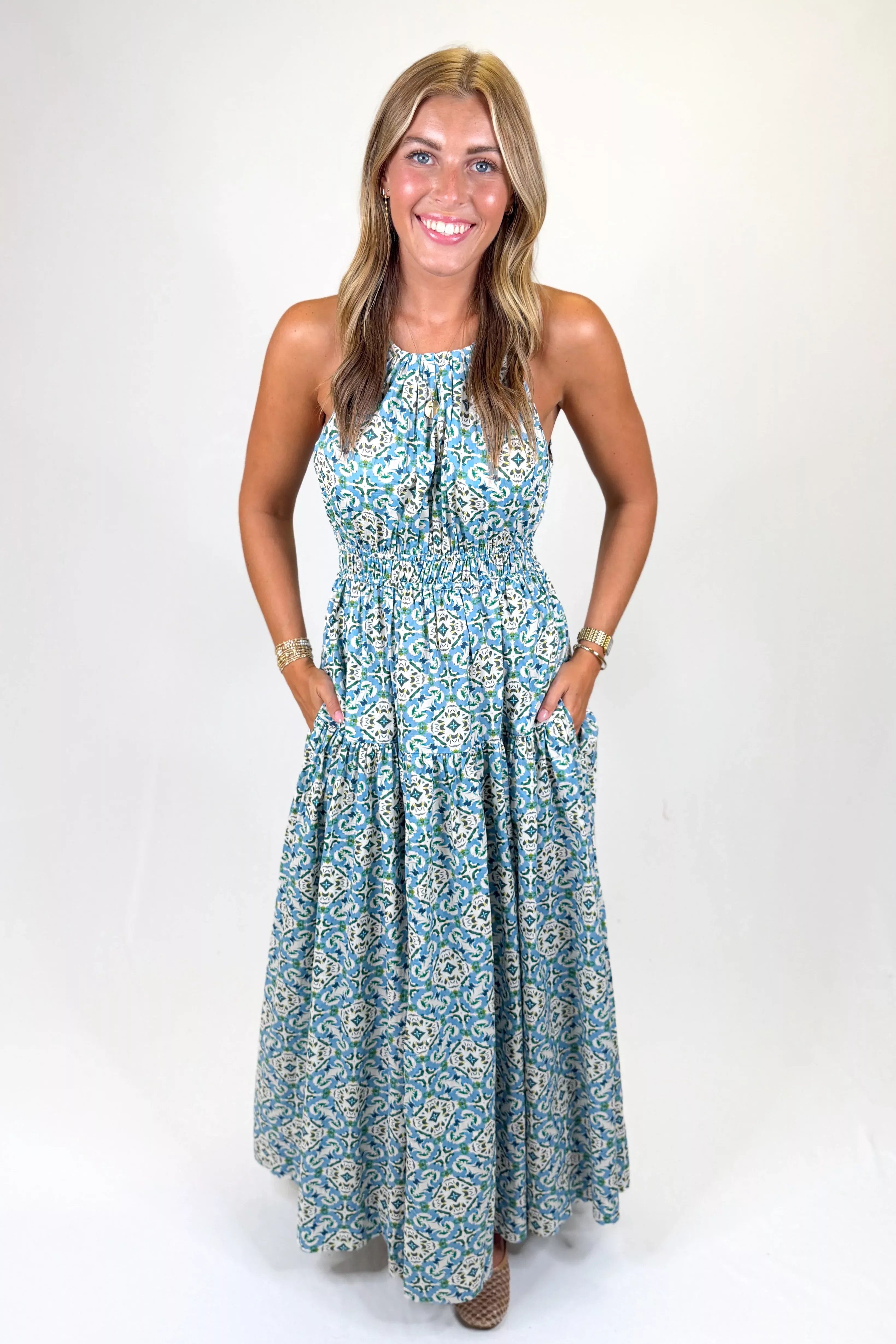 HAVEN ENGLISH TILE HALTER MAXI DRESS