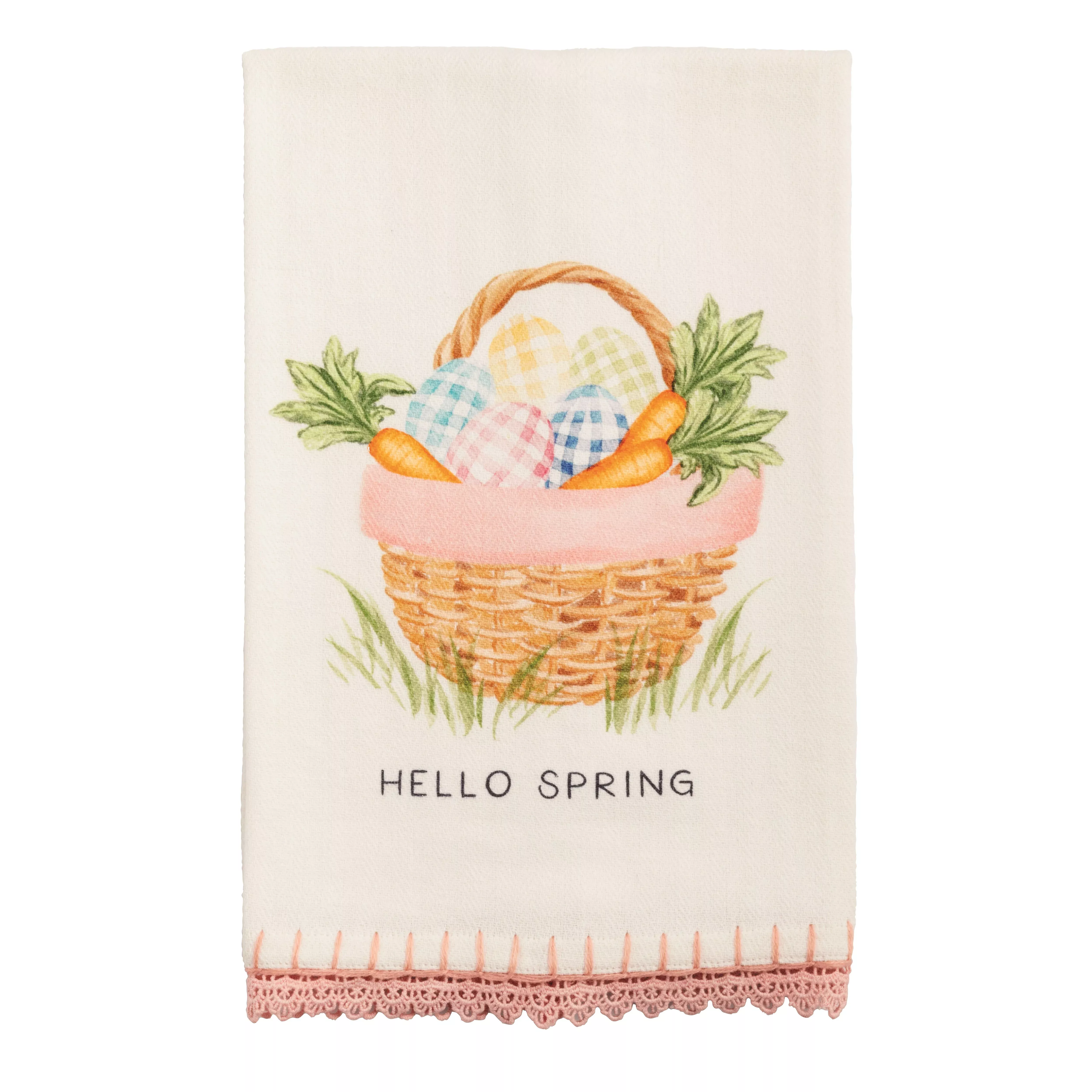 HELLO SPRING BASKET CROCHET TRIM HAND TOWEL