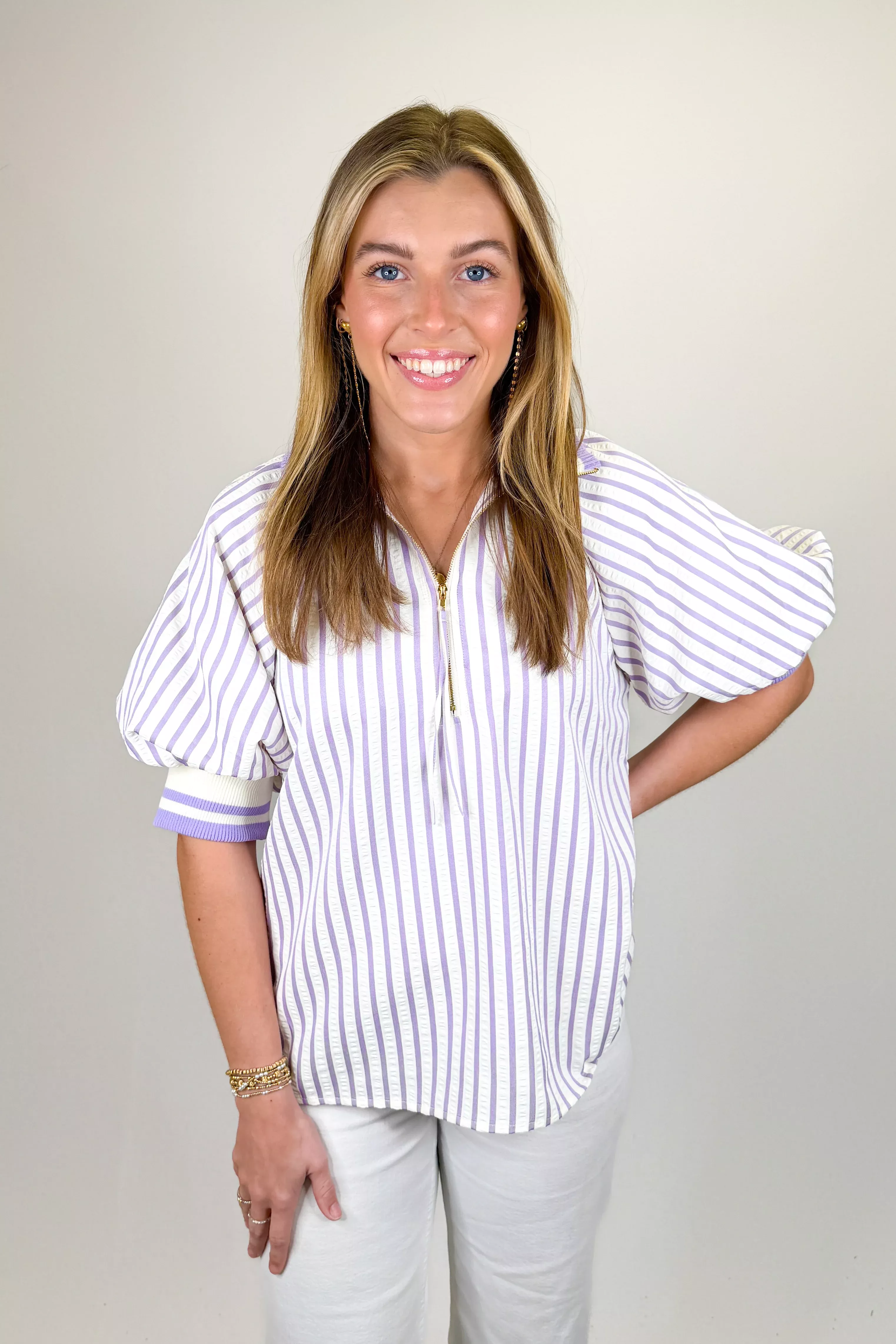 LAVENDER STRIPED BANDED SLEEVE ZIP TOP