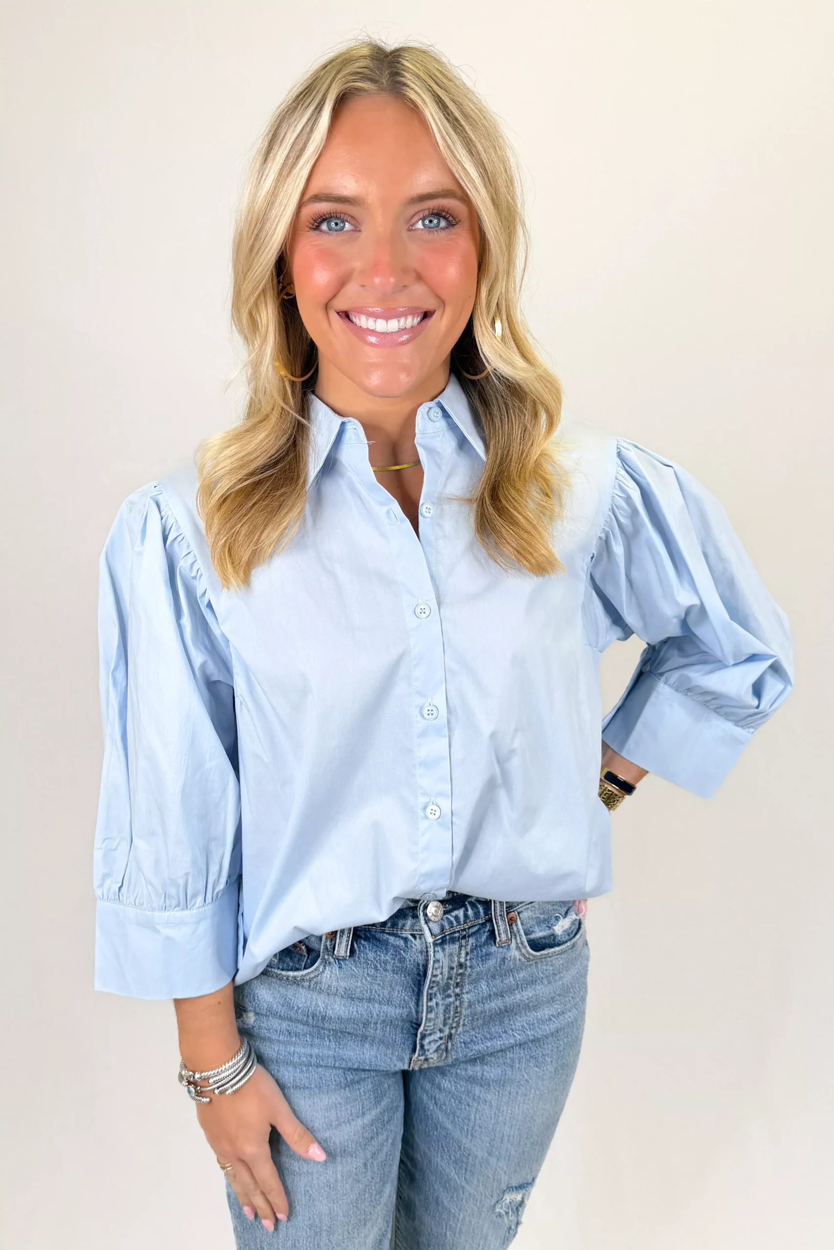 LIGHT BLUE 3/4 SLEEVE BUTTON DOWN TOP