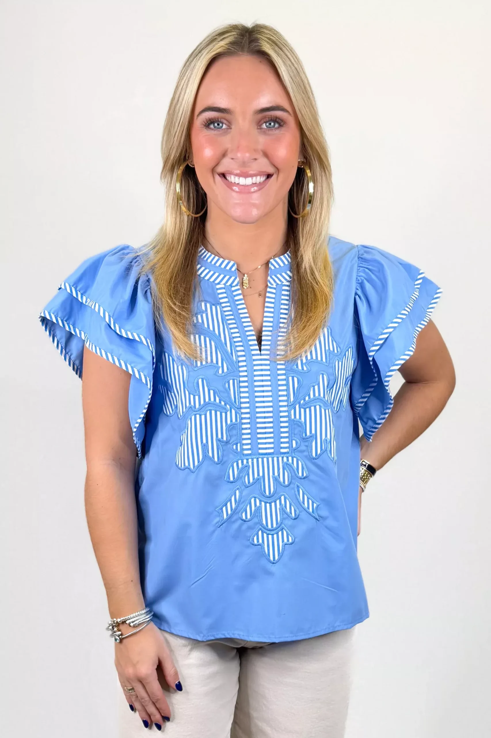LIGHT BLUE EMBROIDERED FLUTTER SLEEVE TOP