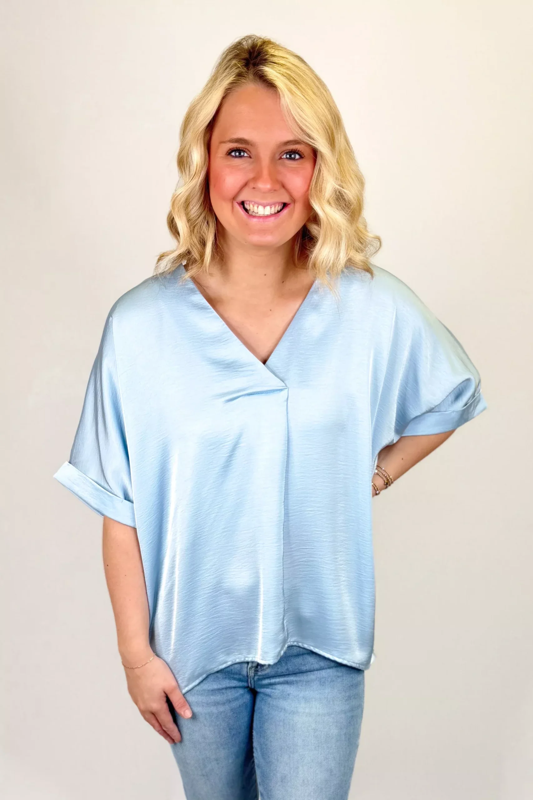 LIGHT BLUE SATIN VNECK OVERSIZED TOP