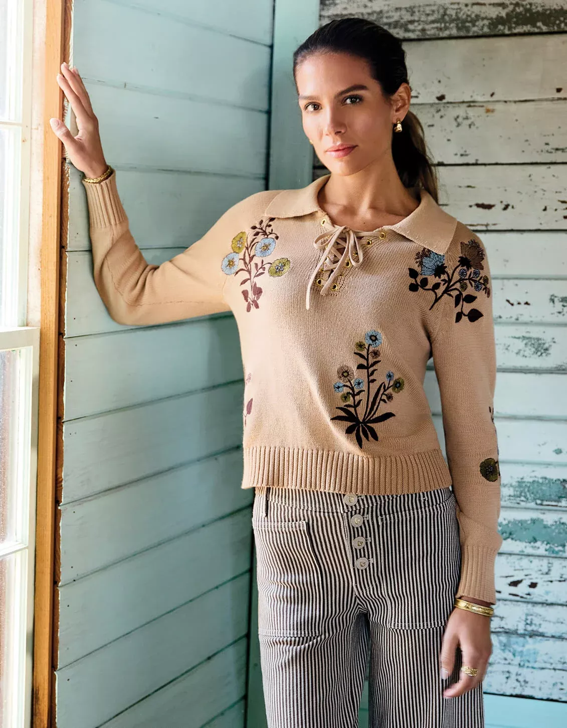 Margaret Lace Up Sweater Fawn
