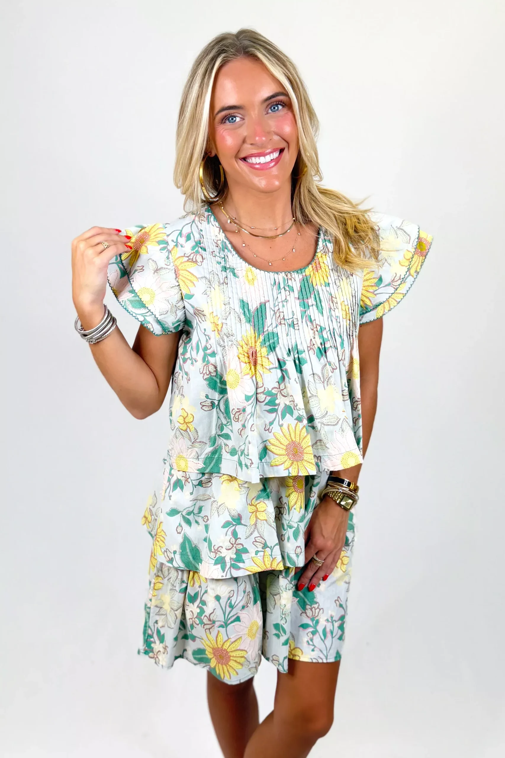 MINT MULTI FLORAL TIERED RUFFLE MINI DRESS