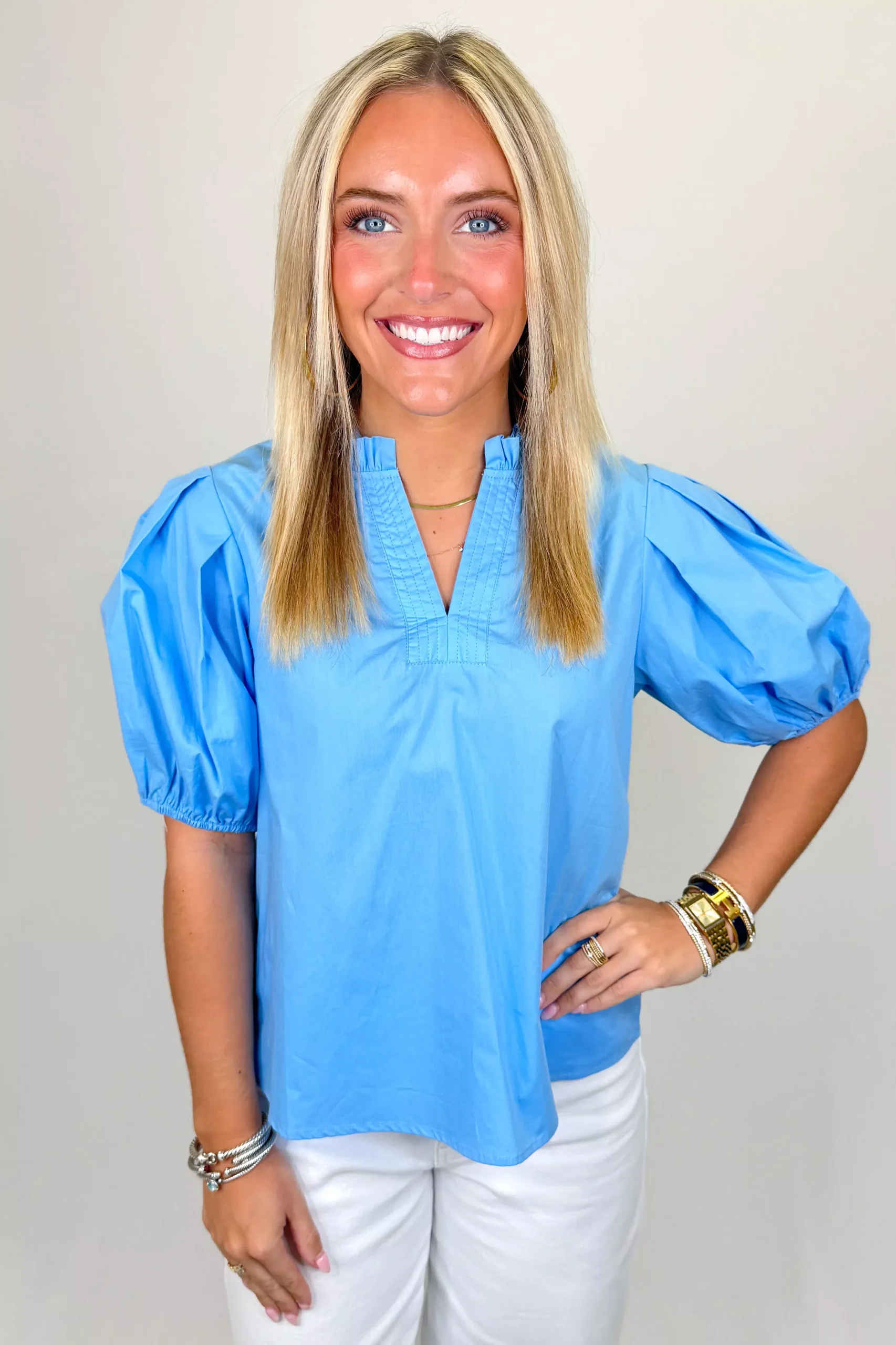 MINT PUFF SLEEVE VNECK TOP