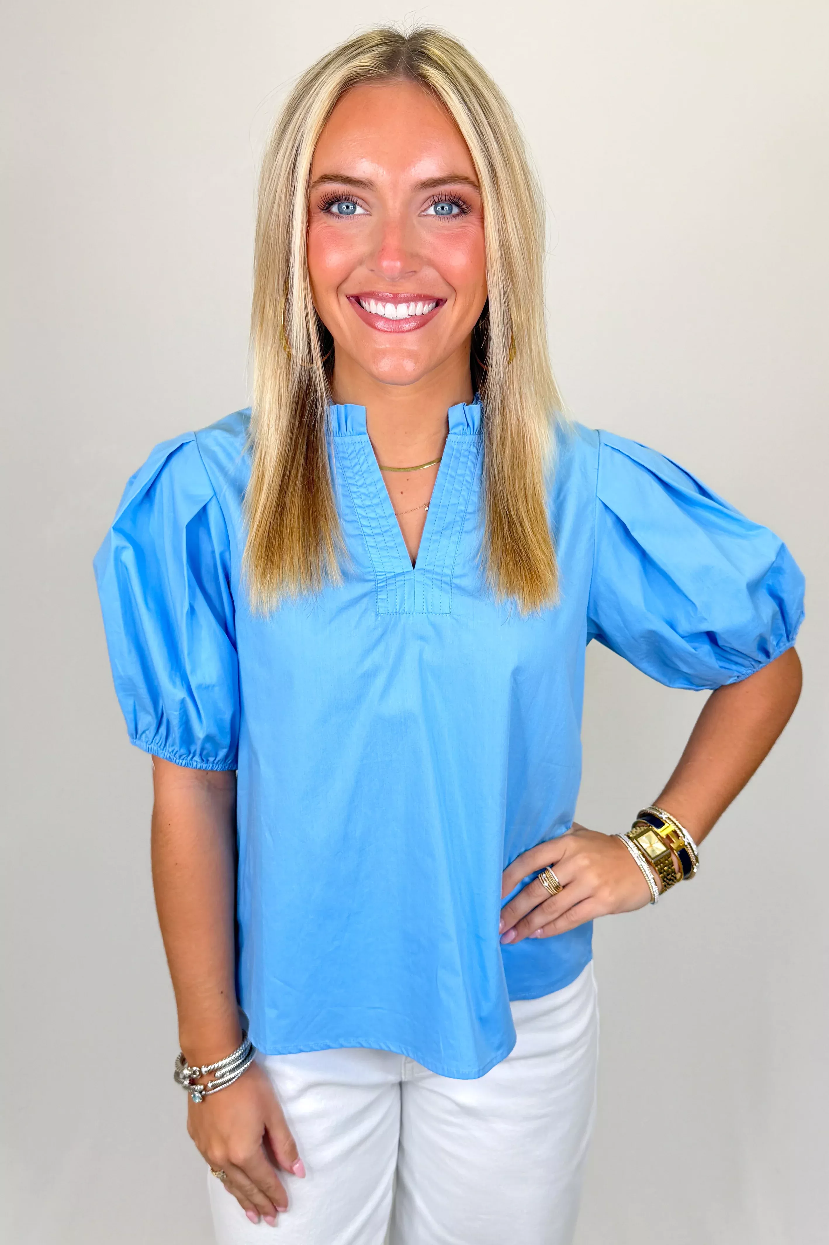 MINT PUFF SLEEVE VNECK TOP