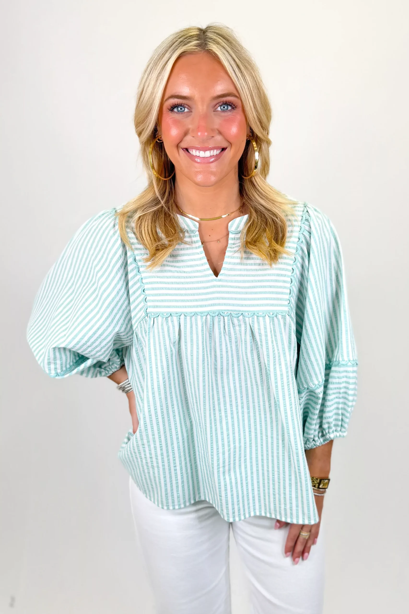 MINT STRIPE SCALLOP TRIM BABYDOLL TOP