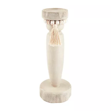 Mud Pie White-Washed Wood Bead Tassel Medium Tall Candlestick