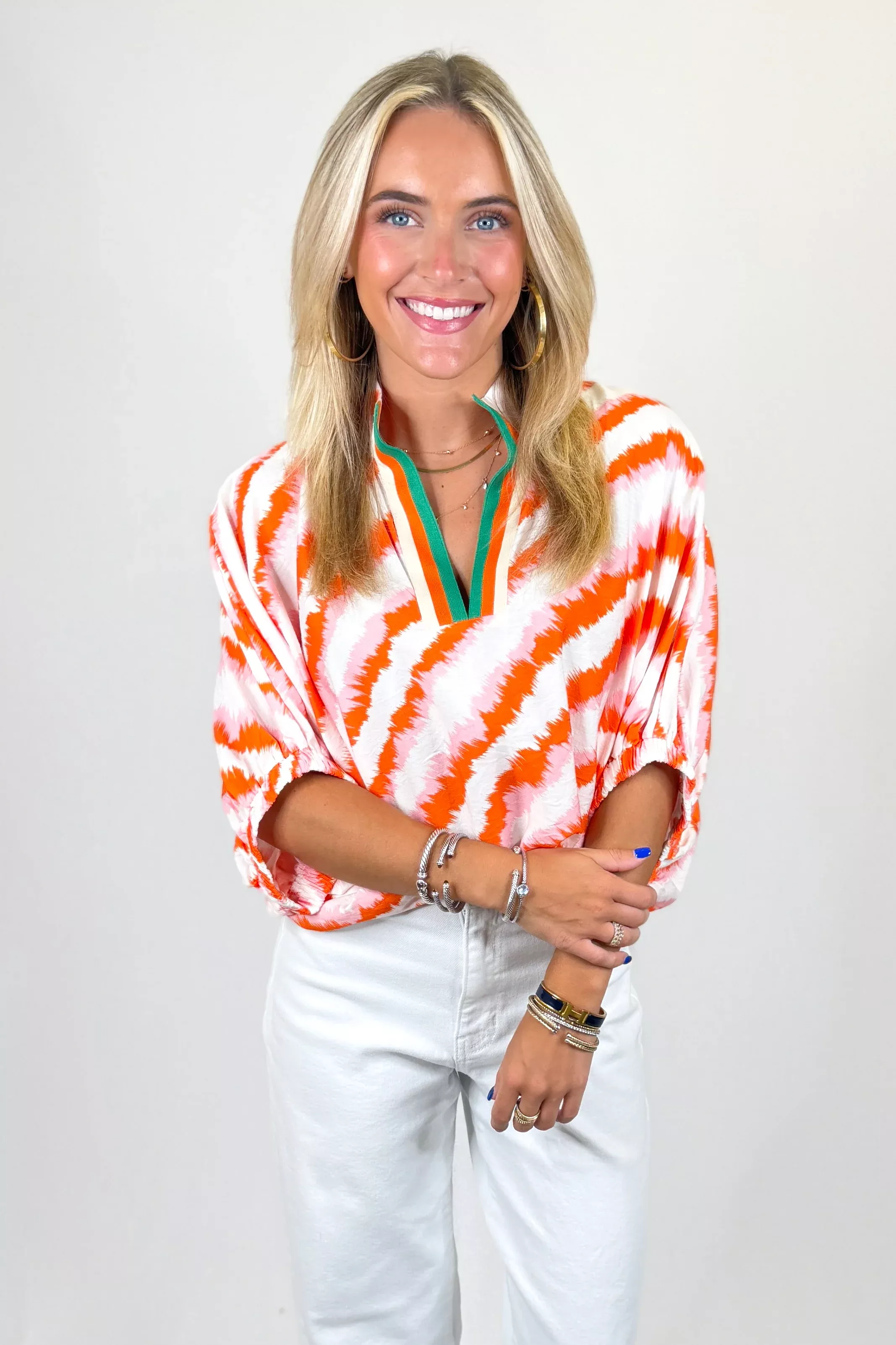 ORANGE & PINK STRIPED CONTRAST ELASTIC SLEEVE TOP