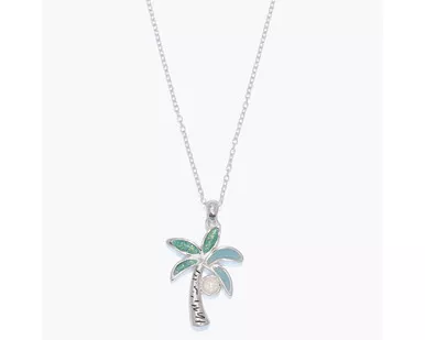 Periwinkle Aqua Coconut Palm Tree Pendant Silver Necklace