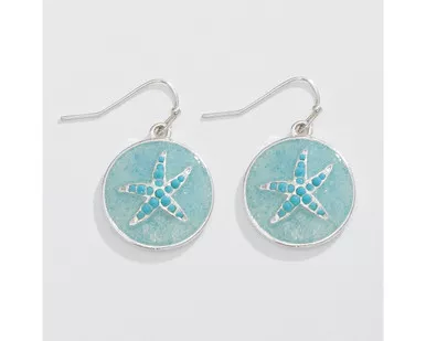 Periwinkle Aqua Silver Sand Dollar Starfish Dangle Circle Earrings