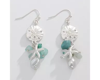 Periwinkle Aqua Silver Sand Dollar Starfish Dangle Earrings