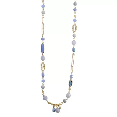 Periwinkle Blue Beaded Long Gold Link Chain Necklace