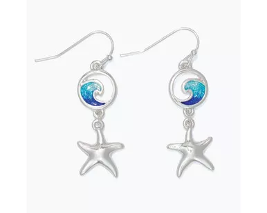 Periwinkle Blue Ocean Wave Silver Starfish Dangle Earrings