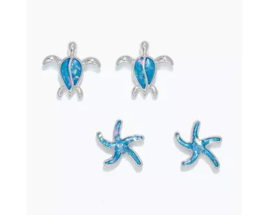 Periwinkle Blue Shimmer Starfish & Turtles Duo Stud Earrings Set