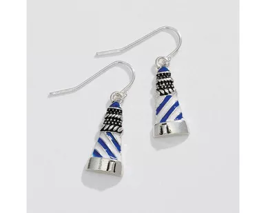 Periwinkle Blue Striped Lighthouse Silver Dangle Earrings