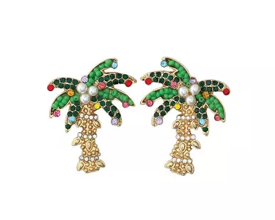 Periwinkle Crystal Beaded Palm Tree Dangle Earrings