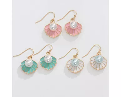 Periwinkle Enamel Scallop Shell With Pearl Inside Dangle Earrings