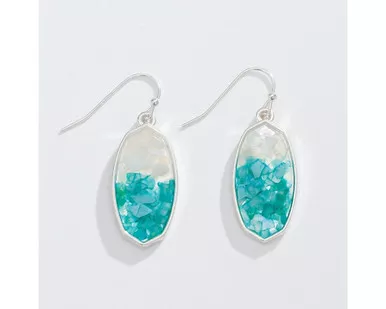 Periwinkle Iridescent Turquoise and White Oval Silver Dangle Earrings