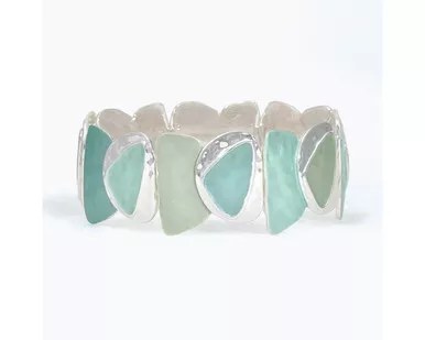 Periwinkle Mint Green Enamel Hammered Silver Shapes Stretch Bracelet