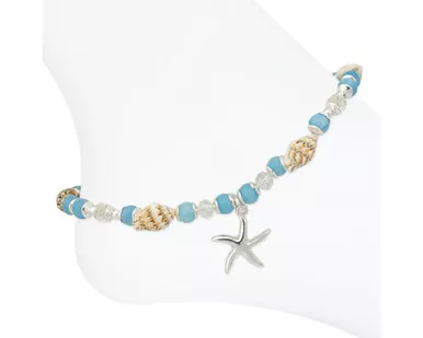 Periwinkle Ocean Blue and Seashell Beads Silver Starfish Anklet
