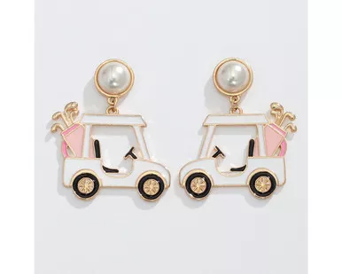 Periwinkle Pink Enamel Dangle Golf Carts Pearl Posts Earrings