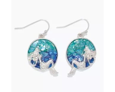 Periwinkle Resting Mermaid Aqua Blue Shell Inlay Silver Dangle Earrings